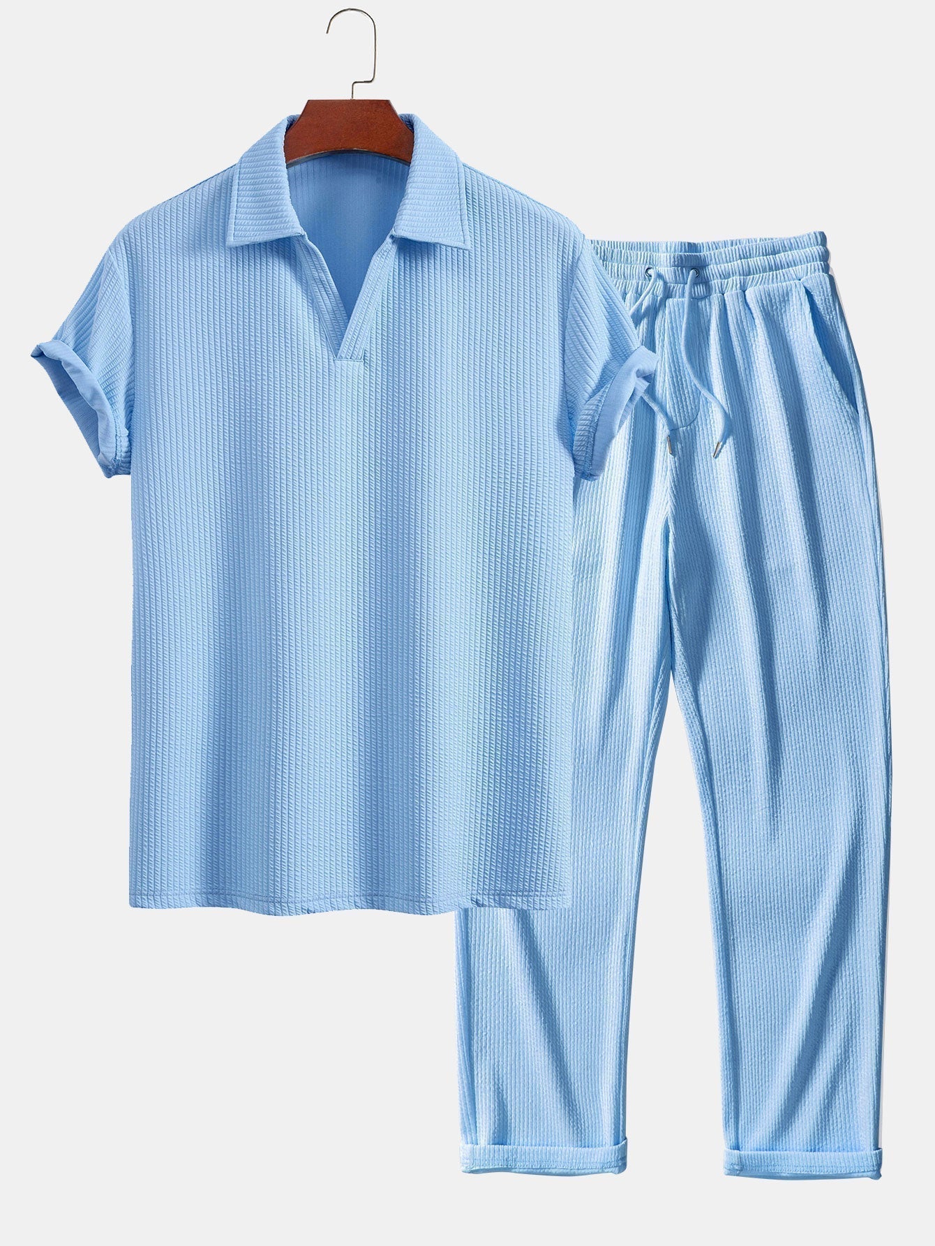 Men's Textured V-Neck Polo & Trousers Set – view 3