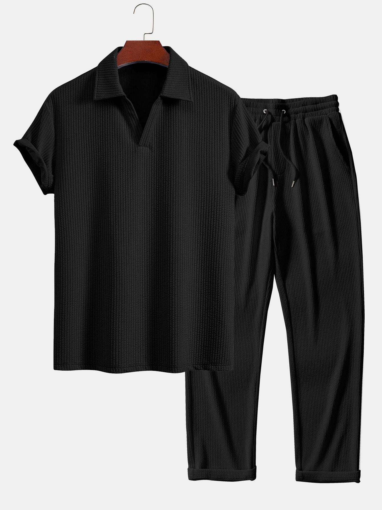 Men's Textured V-Neck Polo & Trousers Set – view 2