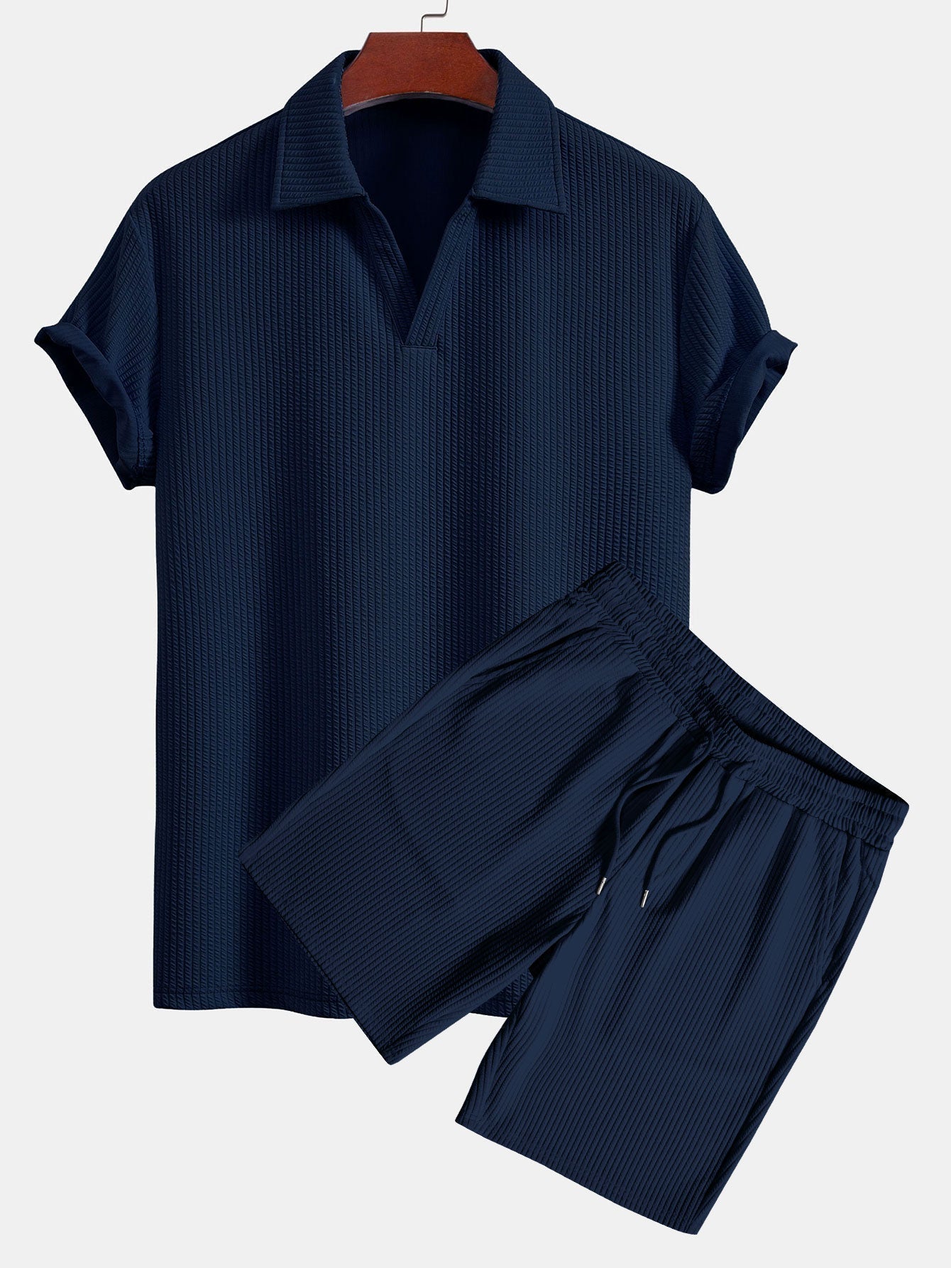 Men's Textured V-Neck Polo & Shorts Set – view 3
