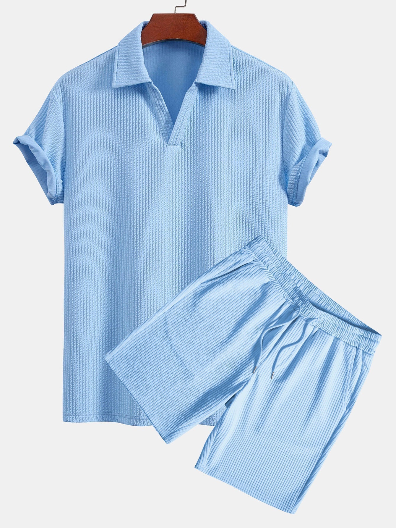 Men's Textured V-Neck Polo & Shorts Set – view 2