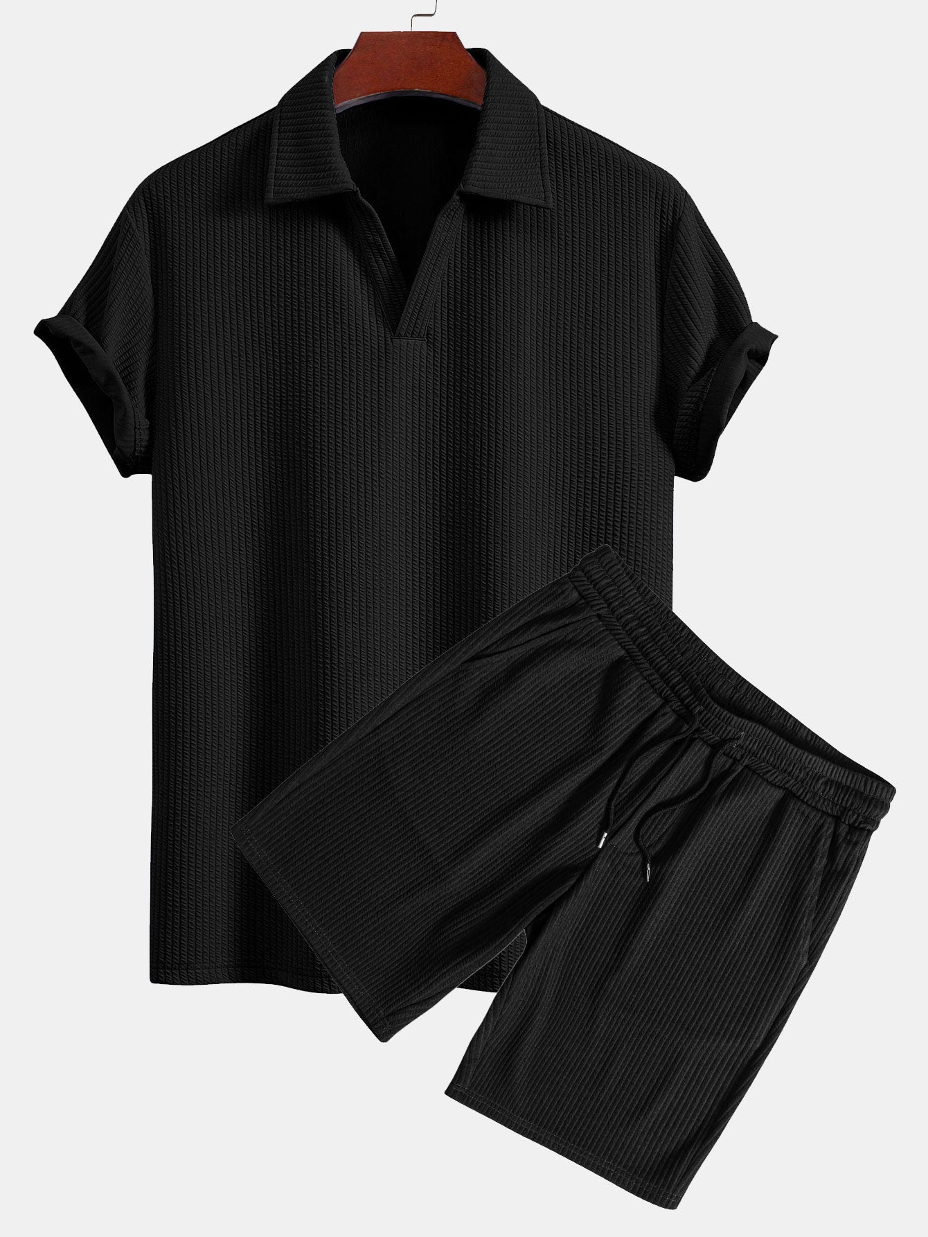 Men's Textured V-Neck Polo & Shorts Set – view 4